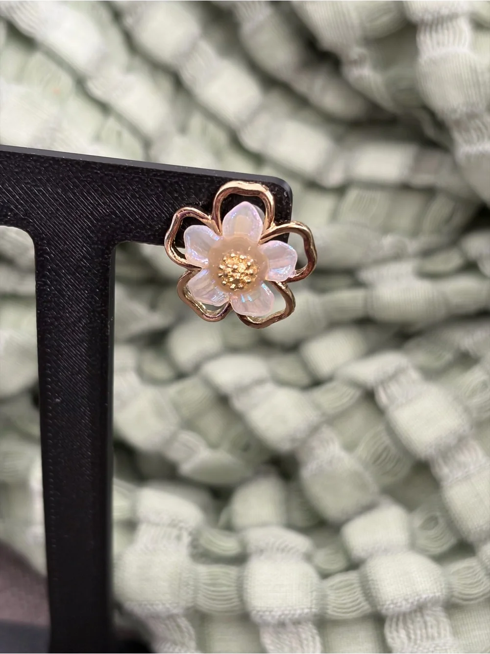 Iridescent White Flower Stud Earrings Gold-Tone Layered Petals